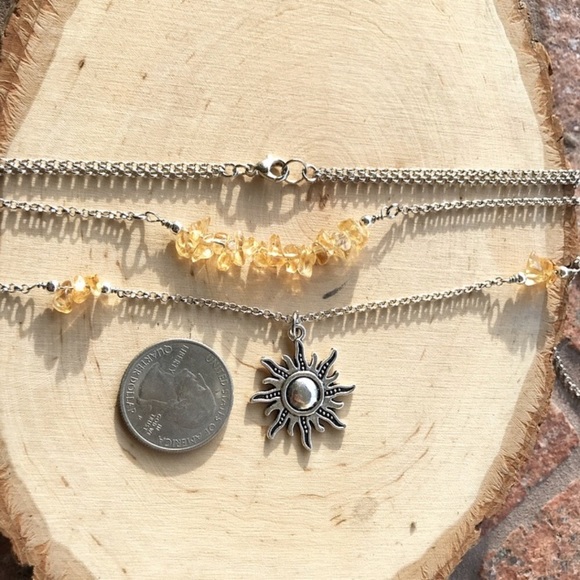 Citrine sun necklace . citrine gems chips double layer necklace silver sun charm - Picture 6 of 9